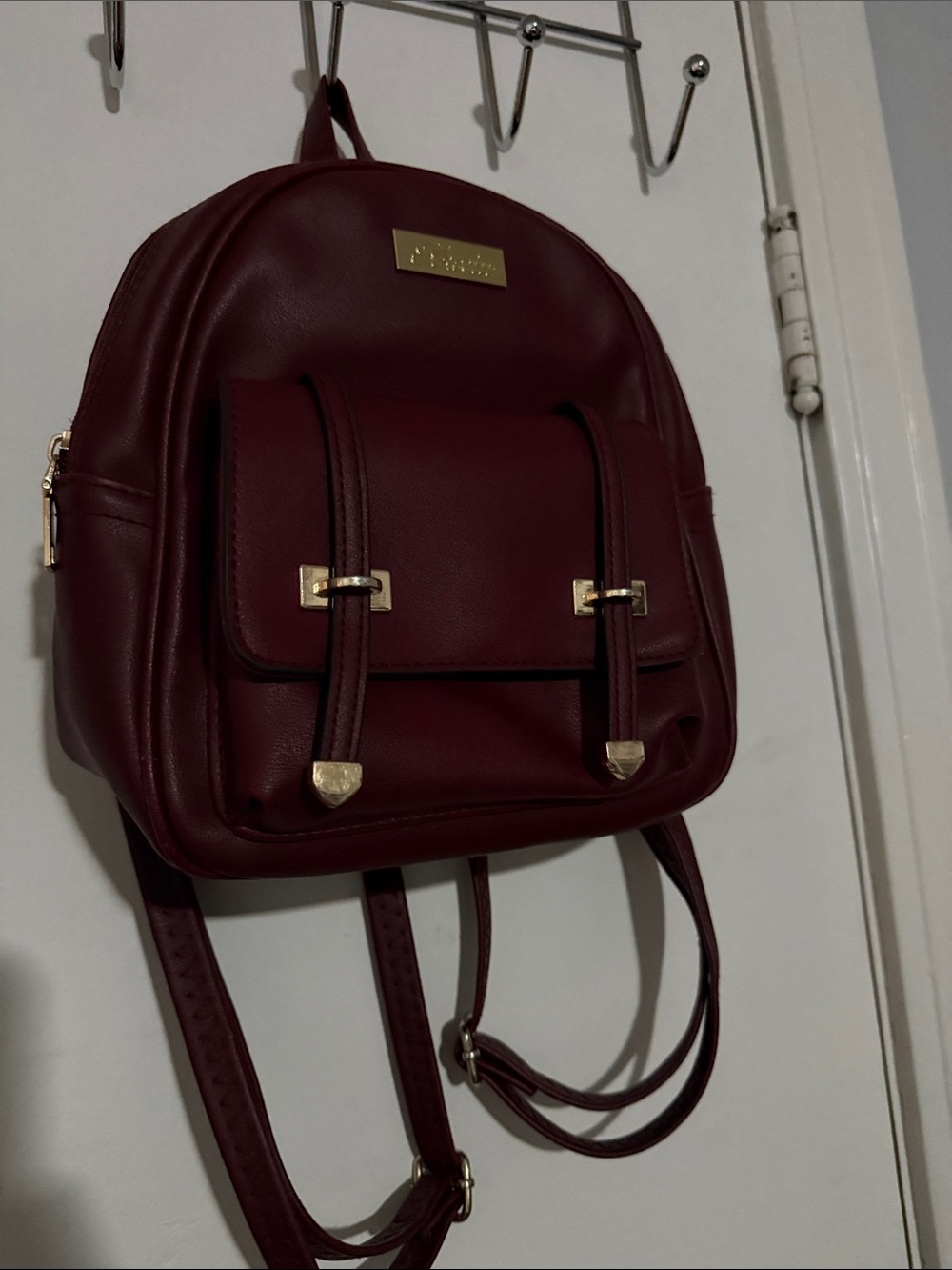 Women's Burgundy Faux Leather Mini Backpack with Gold Accents